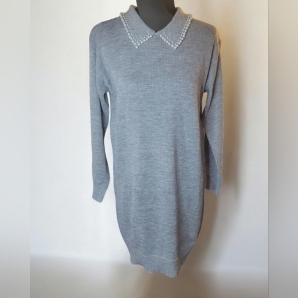 SWNY Gray Sweater Dress With Pearl Collar Size M